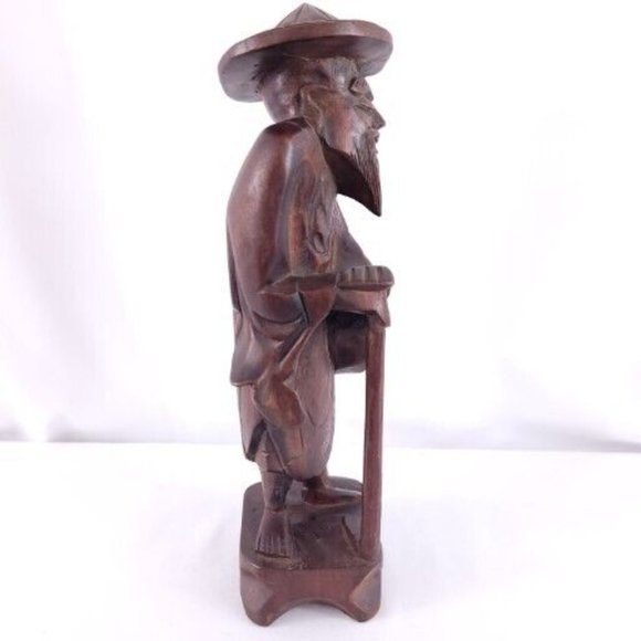 Genuine Camphor Wood Hand Carved In Taiwan Smiling Asian Man Statue 12" - Picture 6 of 7